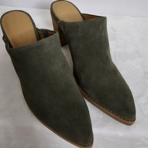 Splendid Olive Genuine Suede Slip-On Roberta Stacked Heel Mules - Picture 11 of 14